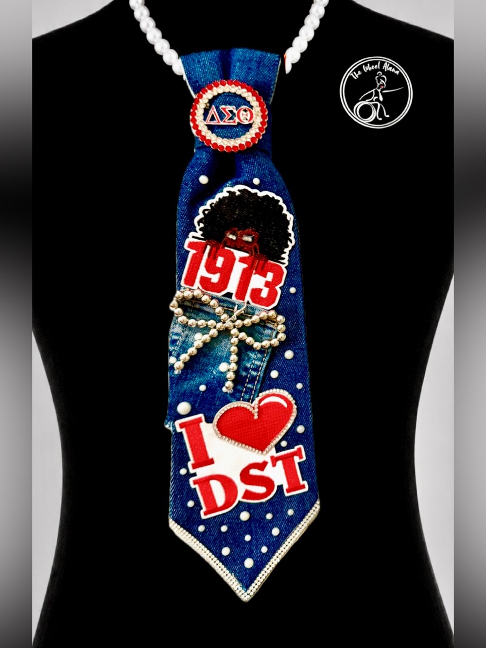 Delta Sorority Denim Tie Necklace with Red Patch, Pearl and Rhinestone Accents